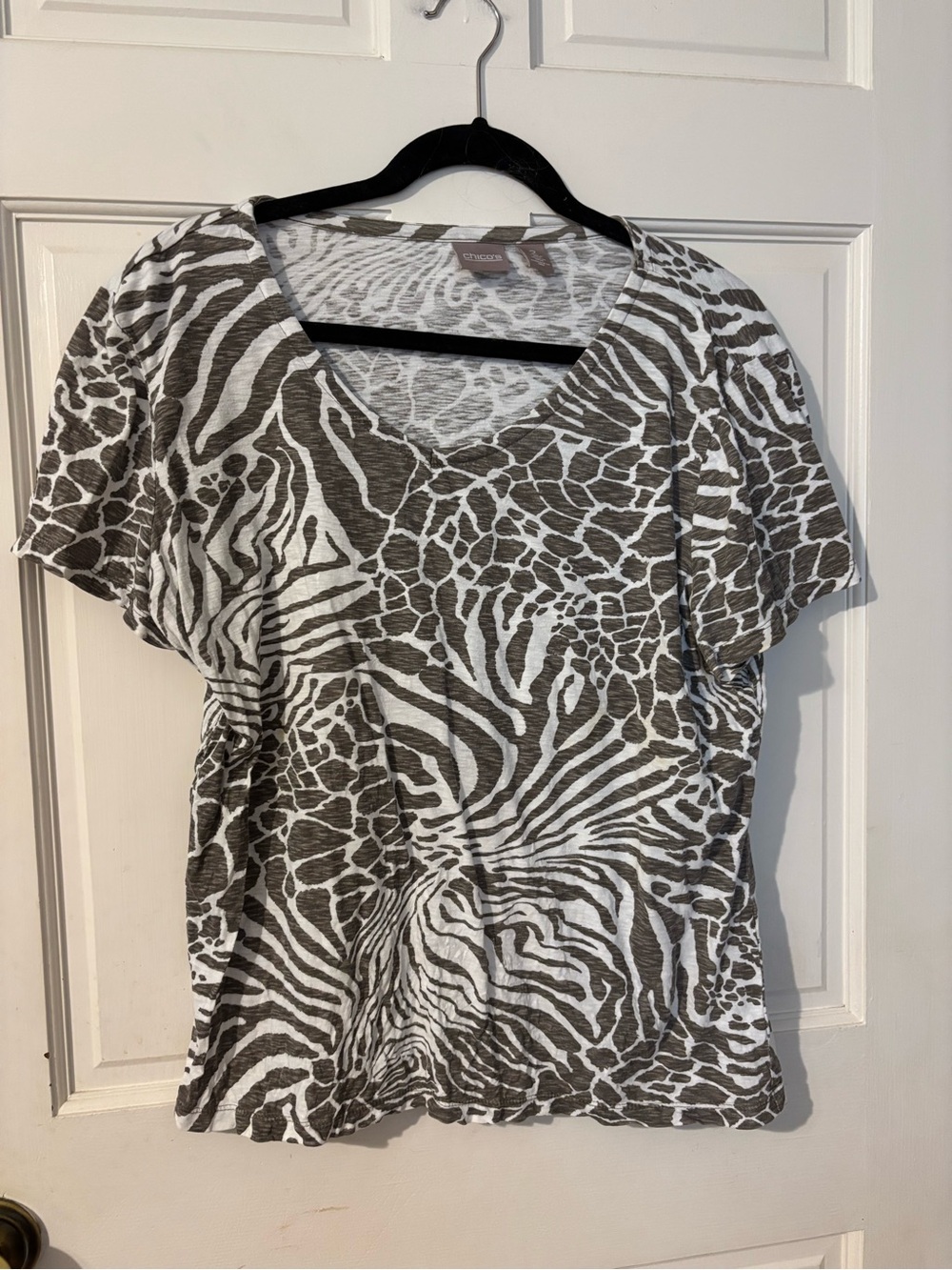 Chico's brown and White Animal-Print V-Neck Short Sleeve Top